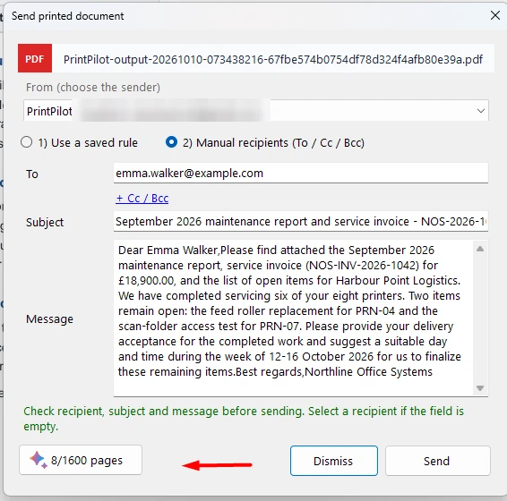 Send printed document window with the recipient, subject and message filled in by AI