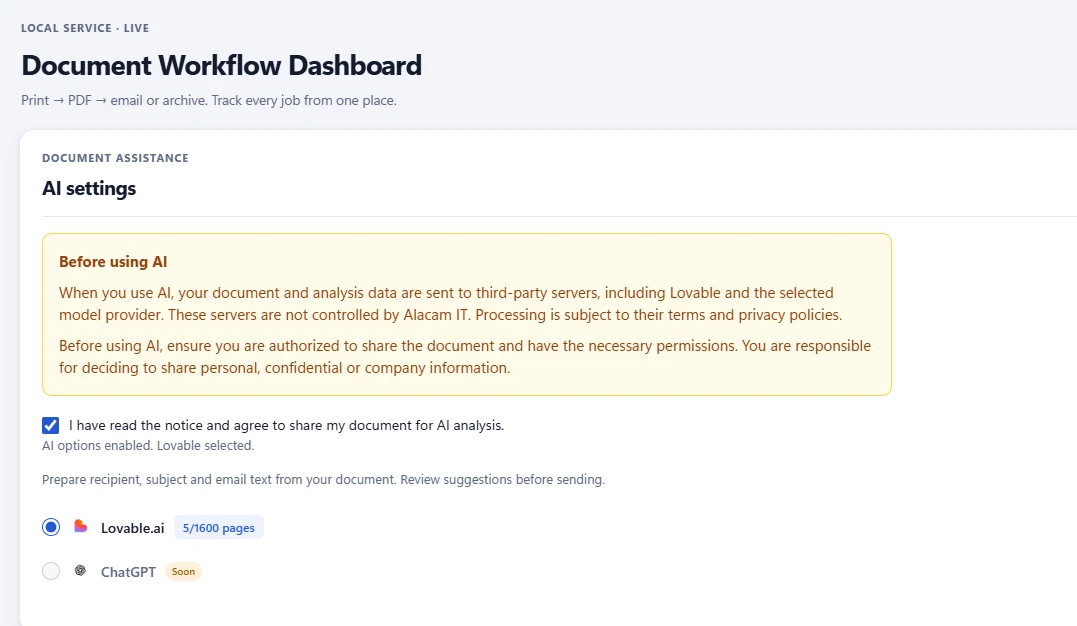PrintPilot dashboard: AI settings with the data sharing notice and consent checkbox