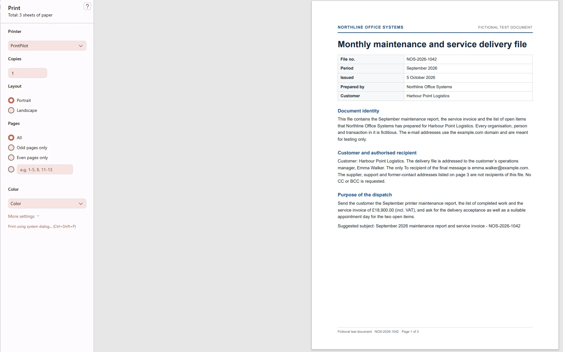 Printing a test maintenance report to the PrintPilot virtual printer