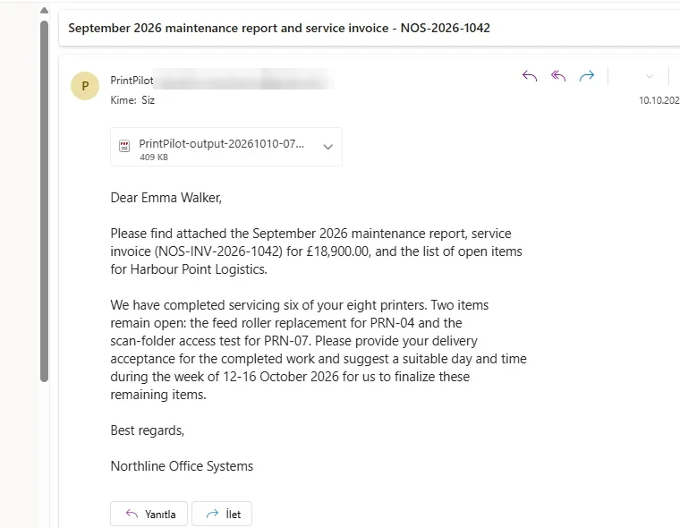 The received email with the PDF attached and the AI-written message