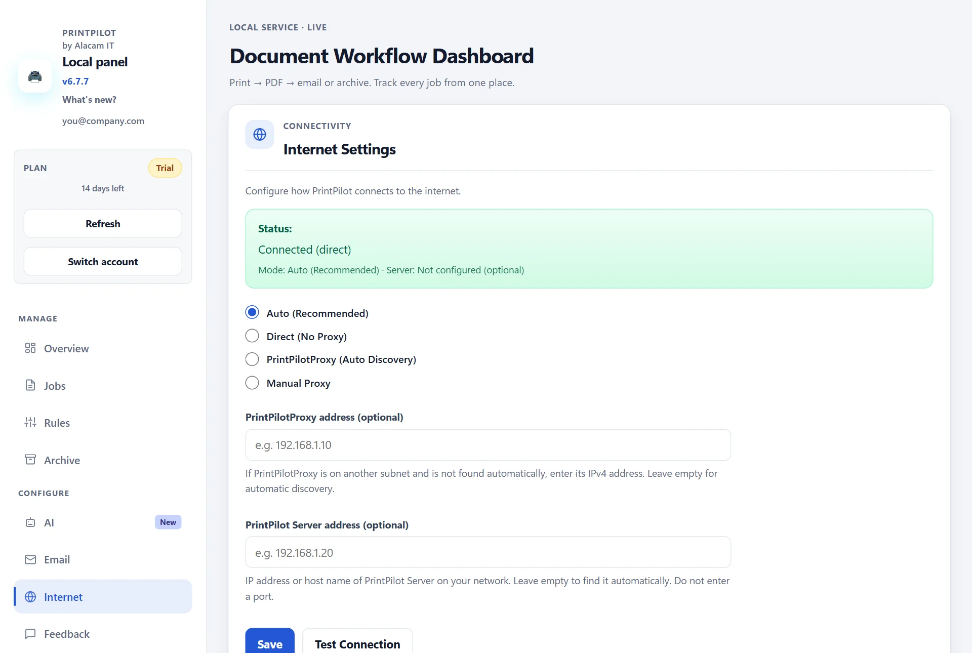 PrintPilot dashboard: Internet settings with Auto, Direct, PrintPilotProxy and Manual Proxy modes