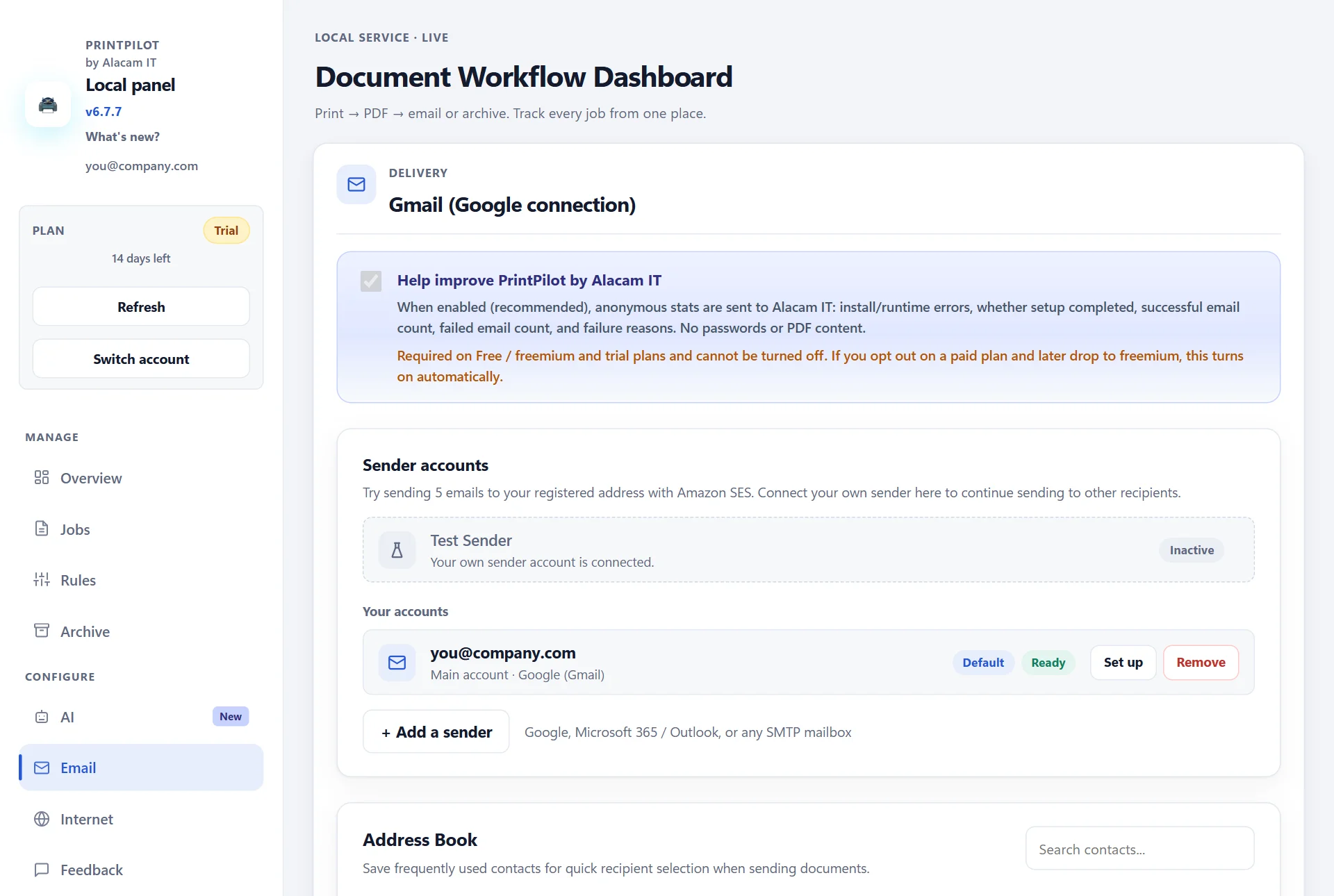 Panoul PrintPilot: pagina E-mail cu un expeditor Gmail conectat și butonul Adăugați un expeditor
